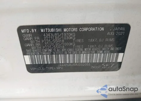 2021 Mitsubishi Outlander Sport 2.0 Be 2Wd/2.0 Es 2Wd/2.0 Le 2Wd/2.0 S 2Wd z USA, uszkodzony, nr VIN JA4APUAU5MU032055